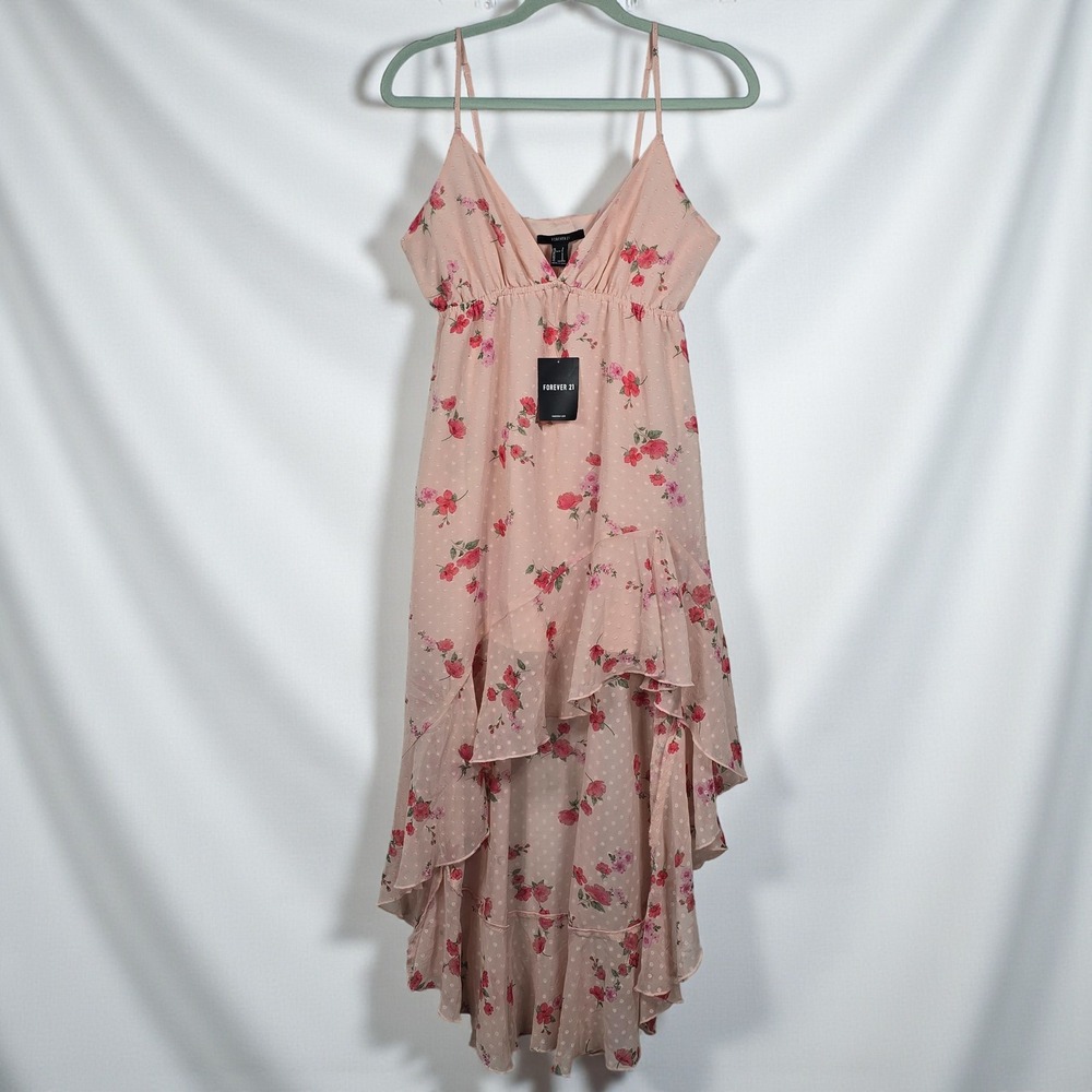 Forever 21 Dress Women's Small Pink Floral Ruffle High Low Spaghetti Straps READ
